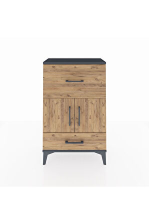 Arges Komodin Tek Raflı 2 Çekmeceli 2 Kapaklı 60x30x96 Antrasit-Çam