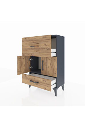 Arges Komodin Tek Raflı 2 Çekmeceli 2 Kapaklı 60x30x96 Antrasit-Çam