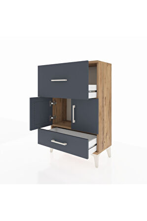 Arges Komodin Tek Raflı 2 Çekmeceli 2 Kapaklı 60x30x96 Çam-Antrasit