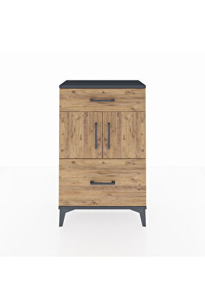 Arges Komodin Tek Raflı 2 Çekmeceli 2 Kapaklı 60x30x96 Antrasit-Çam