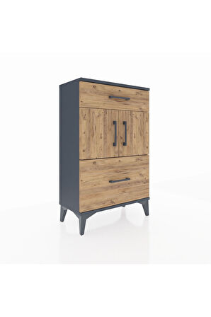 Arges Komodin Tek Raflı 2 Çekmeceli 2 Kapaklı 60x30x96 Antrasit-Çam