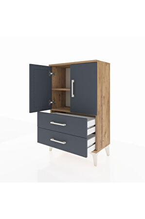 Arges Komodin 2 Raflı 2 Çekmeceli 2 Kapaklı 60x30x96 Çam-Antrasit