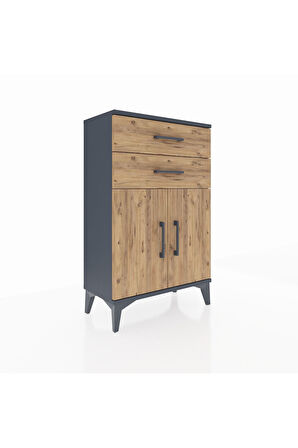 Arges Komodin Tek Raflı 2 Çekmeceli 2 Kapaklı 60x30x96 Antrasit-Çam