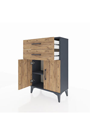 Arges Komodin Tek Raflı 2 Çekmeceli 2 Kapaklı 60x30x96 Antrasit-Çam