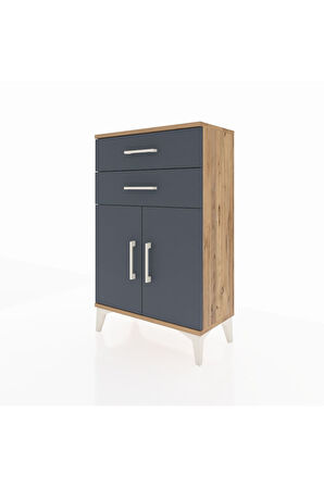 Arges Komodin Tek Raflı 2 Çekmeceli 2 Kapaklı 60x30x96 Çam-Antrasit