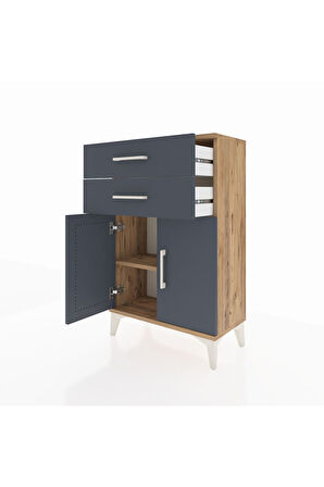 Arges Komodin Tek Raflı 2 Çekmeceli 2 Kapaklı 60x30x96 Çam-Antrasit