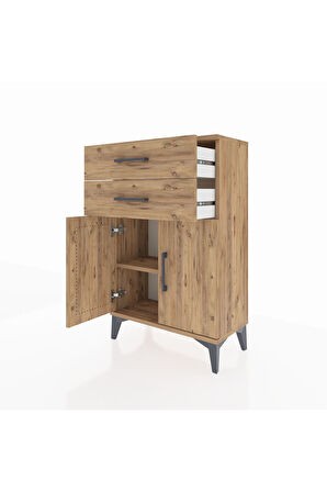 Arges Komodin Tek Raflı 2 Çekmeceli 2 Kapaklı 60x30x96 Çam-Çam
