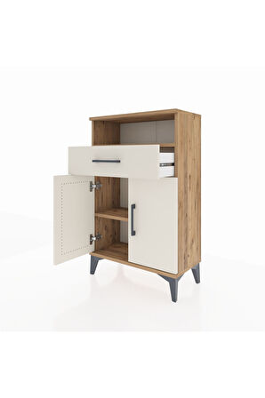 Arges Komodin 2 Raflı Tek Çekmeceli 2 Kapaklı 60x30x96 Çam-Aytaşı