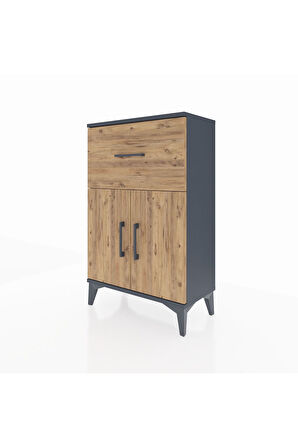 Arges Komodin Tek Raflı Tek Çekmeceli 2 Kapaklı 60x30x96 Antrasit-Çam