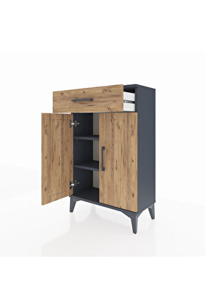 Arges Komodin 2 Raflı Tek Çekmeceli 2 Kapaklı 60x30x96 Antrasit-Çam