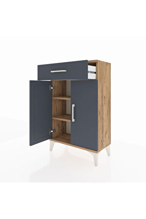 Arges Komodin 2 Raflı Tek Çekmeceli 2 Kapaklı 60x30x96 Çam-Antrasit