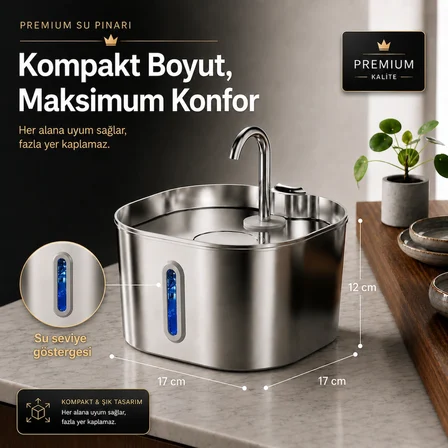 Premium 2.2 L Paslanmaz Çelik Kedi ve Köpek İçin Su Pınarı & Su Sebili | Ultra Sessiz | Su Seviyesi LED Göstergeli | Aktif Karbon Filtreli | Model : S15-A