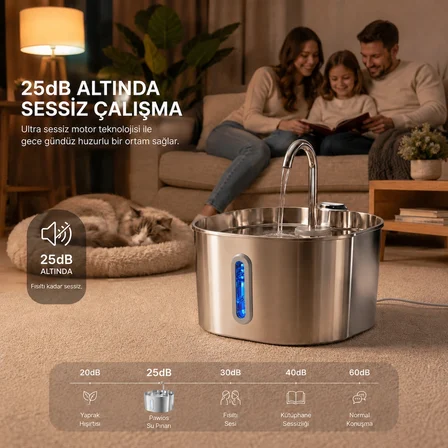 Premium 2.2 L Paslanmaz Çelik Kedi ve Köpek İçin Su Pınarı & Su Sebili | Ultra Sessiz | Su Seviyesi LED Göstergeli | Aktif Karbon Filtreli | Model : S15-A