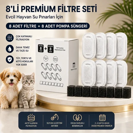 2.2L Paslanmaz Çelik Kedi Köpek Su Pınarı/Su Sebili Model : S15-A + 8'li Aktif Karbon Yedek Filtre Seti | Başlangıç Paketi