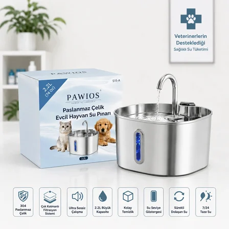 2.2L Paslanmaz Çelik Kedi Köpek Su Pınarı/Su Sebili Model : S15-A + 8'li Aktif Karbon Yedek Filtre Seti | Başlangıç Paketi