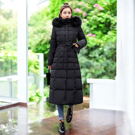 Kışlık Uzun Kürklü Kapüşonlu Kadın Şişme Mont