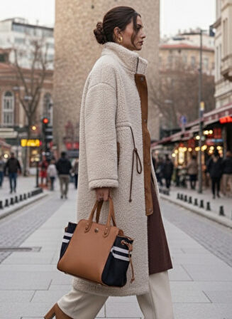 Peluş Beli Bağcık Detaylı Fermuarlı Ceket