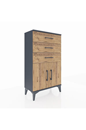 Arges Komodin Tek Raflı 3 Çekmeceli 2 Kapaklı 60x30x106 Antrasit-Çam