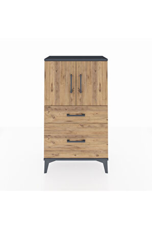 Arges Komodin 2 Raflı 2 Çekmeceli 2 Kapaklı 60x30x106 Antrasit-Çam