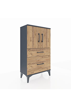 Arges Komodin 2 Raflı 2 Çekmeceli 2 Kapaklı 60x30x106 Antrasit-Çam