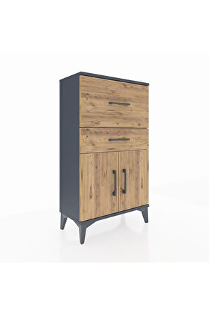 Arges Komodin Tek Raflı 2 Çekmeceli 2 Kapaklı 60x30x106 Antrasit-Çam