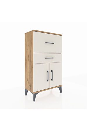 Arges Komodin Tek Raflı 2 Çekmeceli 2 Kapaklı 60x30x106 Çam-Aytaşı