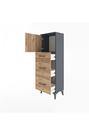 Arges Dolap Tek Raflı 3 Çekmeceli Tek Kapaklı 44x30x134 Antrasit-Çam