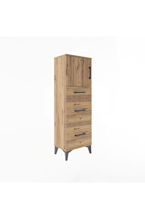 Arges Dolap Tek Raflı 3 Çekmeceli Tek Kapaklı 44x30x134 Çam-Çam