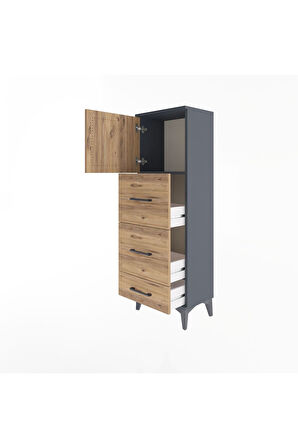 Arges Dolap Tek Raflı 3 Çekmeceli Tek Kapaklı 44x30x134 Antrasit-Çam