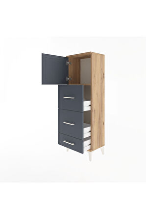 Arges Dolap Tek Raflı 3 Çekmeceli Tek Kapaklı 44x30x134 Çam-Antrasit