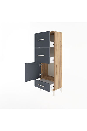 Arges Dolap Tek Raflı 3 Çekmeceli Tek Kapaklı 44x30x134 Çam-Antrasit