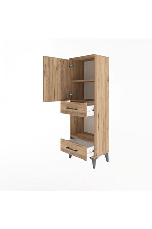Arges Dolap 3 Raflı 2 Çekmeceli Tek Kapaklı 44x30x134 Çam-Çam