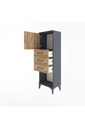 Arges Dolap Tek Raflı 3 Çekmeceli Tek Kapaklı 44x30x134 Antrasit-Çam