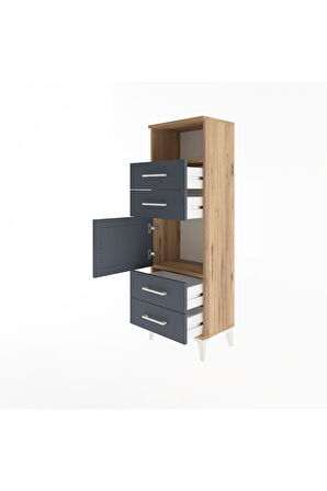 Arges Dolap 2 Raflı 4 Çekmeceli Tek Kapaklı 44x30x134 Çam-Antrasit