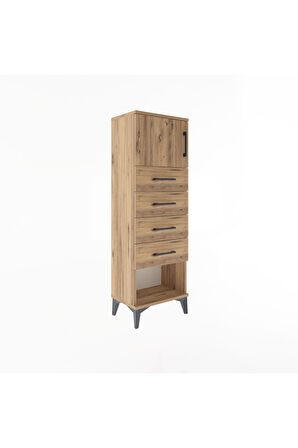 Arges Dolap Tek Raflı 4 Çekmeceli Tek Kapaklı 44x30x134 Çam-Çam
