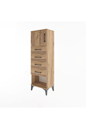 Arges Dolap Tek Raflı 4 Çekmeceli Tek Kapaklı 44x30x134 Çam-Çam