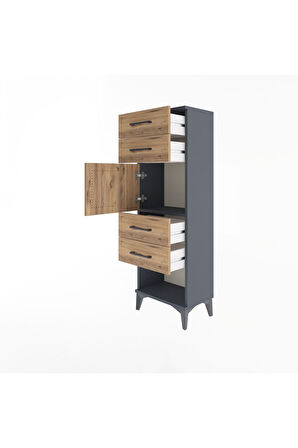 Arges Dolap Tek Raflı 4 Çekmeceli Tek Kapaklı 44x30x134 Antrasit-Çam