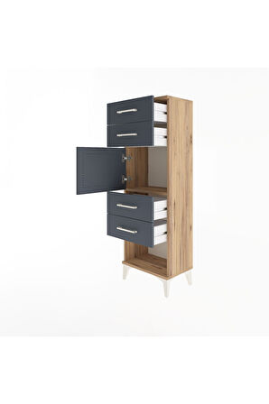 Arges Dolap Tek Raflı 4 Çekmeceli Tek Kapaklı 44x30x134 Çam-Antrasit