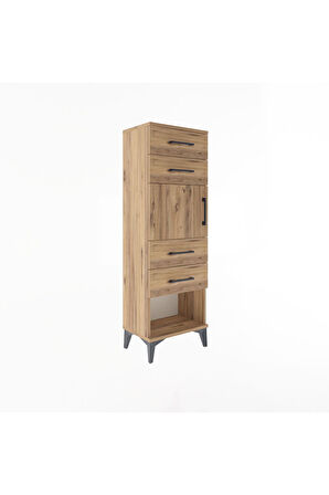 Arges Dolap Tek Raflı 4 Çekmeceli Tek Kapaklı 44x30x134 Çam-Çam