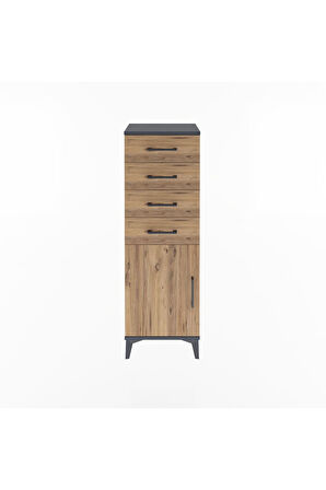 Arges Dolap Tek Raflı 4 Çekmeceli Tek Kapaklı 44x30x134 Antrasit-Çam