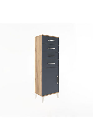 Arges Dolap Tek Raflı 4 Çekmeceli Tek Kapaklı 44x30x134 Çam-Antrasit