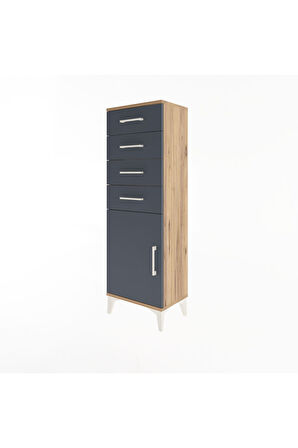 Arges Dolap Tek Raflı 4 Çekmeceli Tek Kapaklı 44x30x134 Çam-Antrasit
