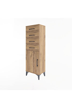 Arges Dolap Tek Raflı 4 Çekmeceli Tek Kapaklı 44x30x134 Çam-Çam