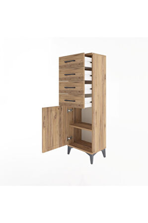 Arges Dolap Tek Raflı 4 Çekmeceli Tek Kapaklı 44x30x134 Çam-Çam