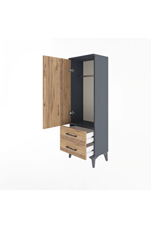 Arges Dolap Tek Raflı 2 Çekmeceli Tek Askılı 44x30x134 Antrasit-Çam