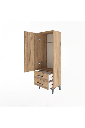 Arges Dolap Tek Raflı 2 Çekmeceli Tek Askılı 44x30x134 Çam-Çam
