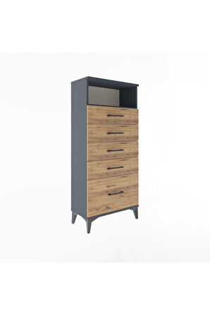Arges Dolap Tek Raflı 5 Çekmeceli 60x30x134 Antrasit-Çam