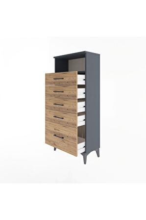 Arges Dolap Tek Raflı 5 Çekmeceli 60x30x134 Antrasit-Çam