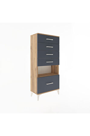 Arges Dolap Tek Raflı 5 Çekmeceli 60x30x134 Çam-Antrasit