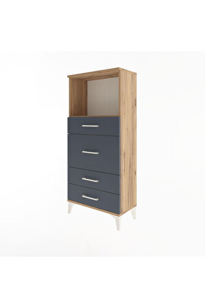Arges Dolap Tek Raflı 4 Çekmeceli 60x30x134 Çam-Antrasit